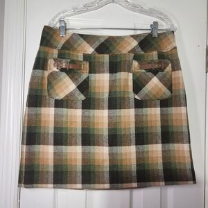 NWT LOFT Wool Blend Green & Browns Plaid Mini Skirt Womens 12